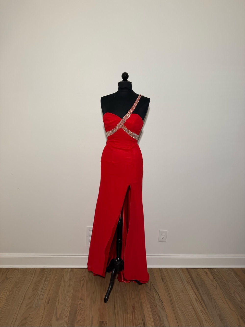 Red One-Shoulder Evening Gown with Crystal Strap Detail